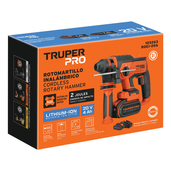 Rotomartillo SDS Plus 20V, 2 J, 1 batería 4Ah, TRUPER PRO - Mundo Tool 