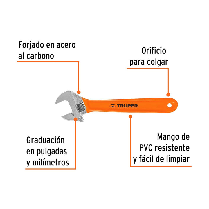 Llave Perica 10' Cromado Con Grip Truper - Mundo Tool 