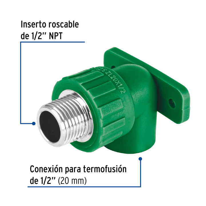 Codo oreja 90° PPR, 1/2', macho con inserto metálico, Foset - Mundo Tool 