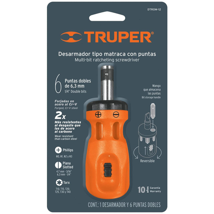 Desarmador tipo trompo con matraca, 6 puntas dobles, blister Truper - Mundo Tool 