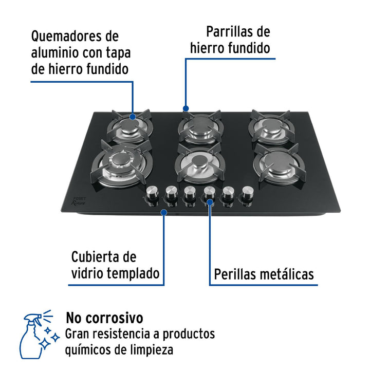 Parrilla gas empotrable 90cm, 6 quem, vidrio negro, Riviera - Mundo Tool 