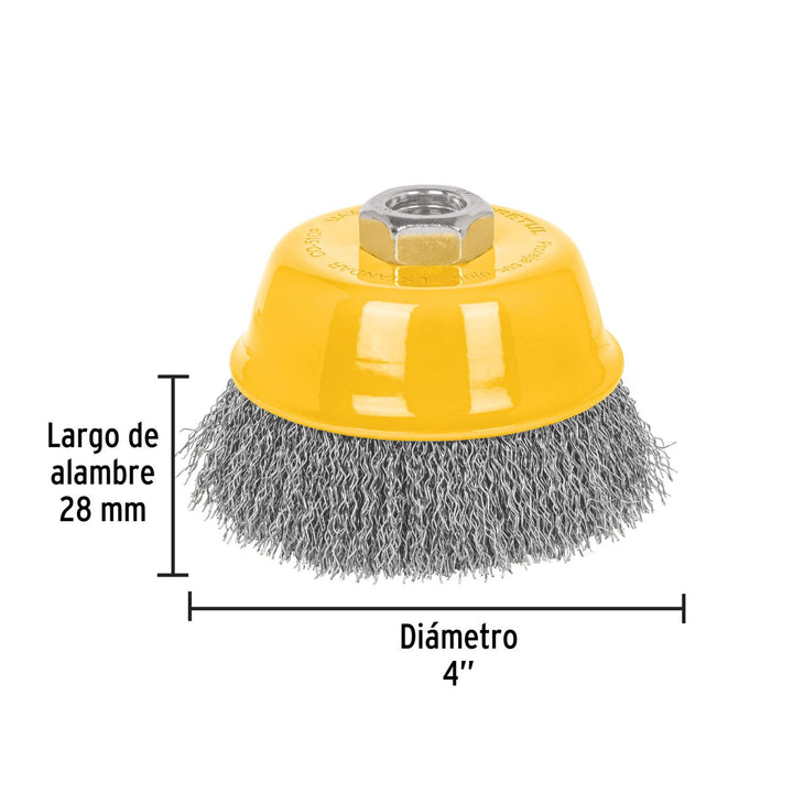 Carda copa 4' alambre ondulado fino, eje 5/8'-11, Pretul - Mundo Tool 