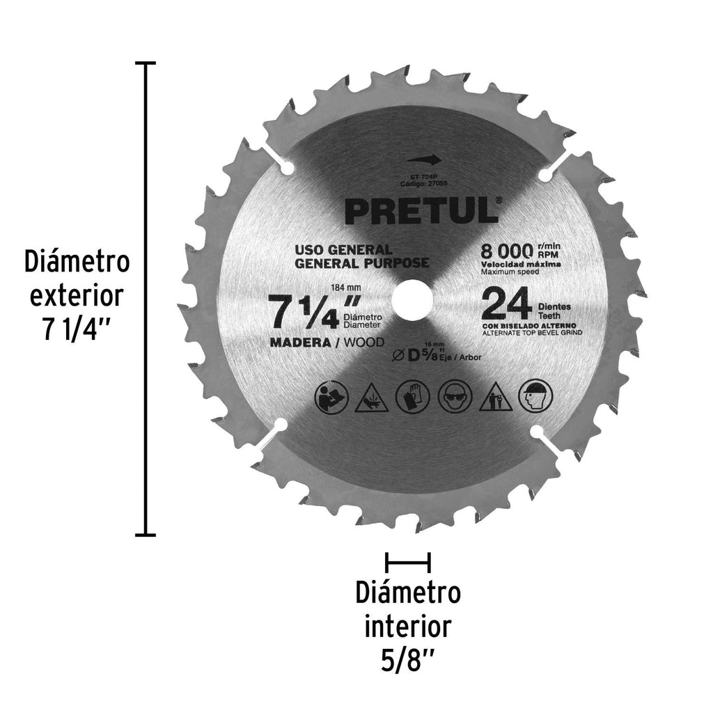 Disco sierra 7-1/4" p/madera, 24 dientes centro 5/8", Pretul - Mundo Tool 