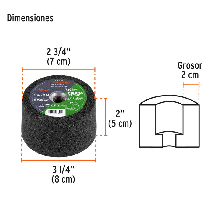 Copa desbaste de piedra 3-5/32" grano 36, eje M14, Truper - Mundo Tool 