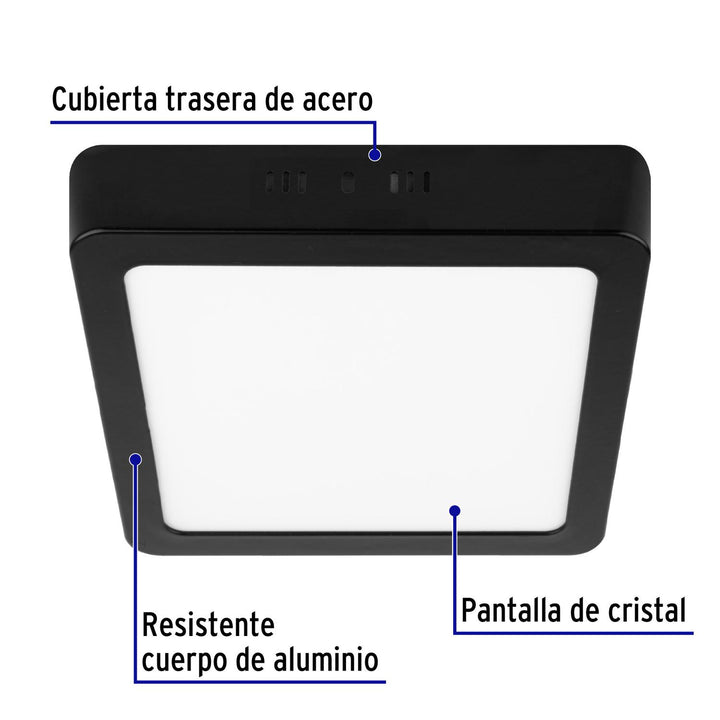 Luminario de LED 12 W cuadrado tipo plafón luz de día, negro - Mundo Tool 