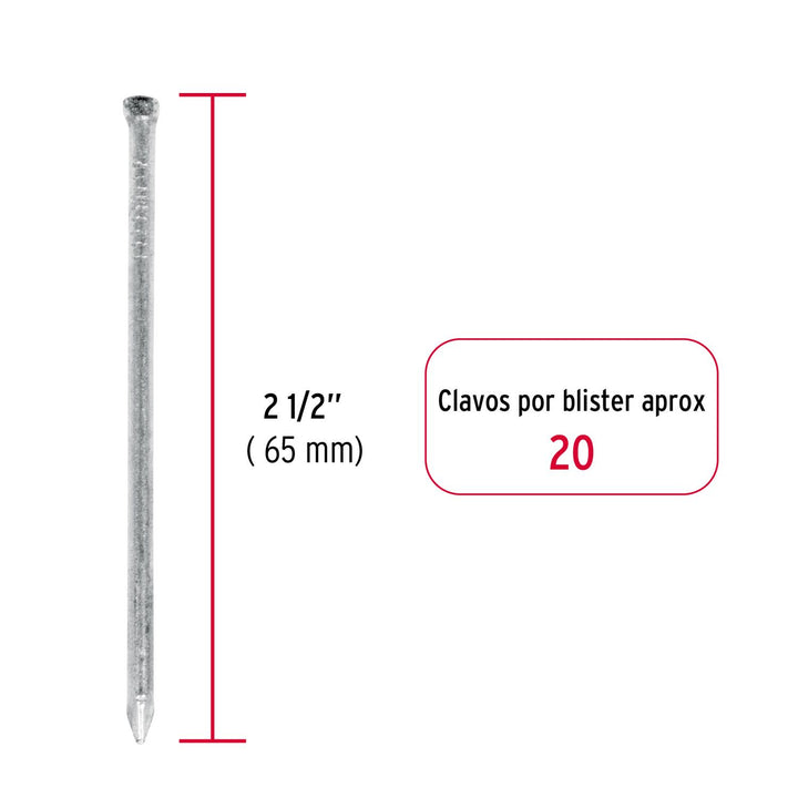 Blíster con 20 clavos estándar 2-1/2" sin cabeza, Fiero - Mundo Tool 