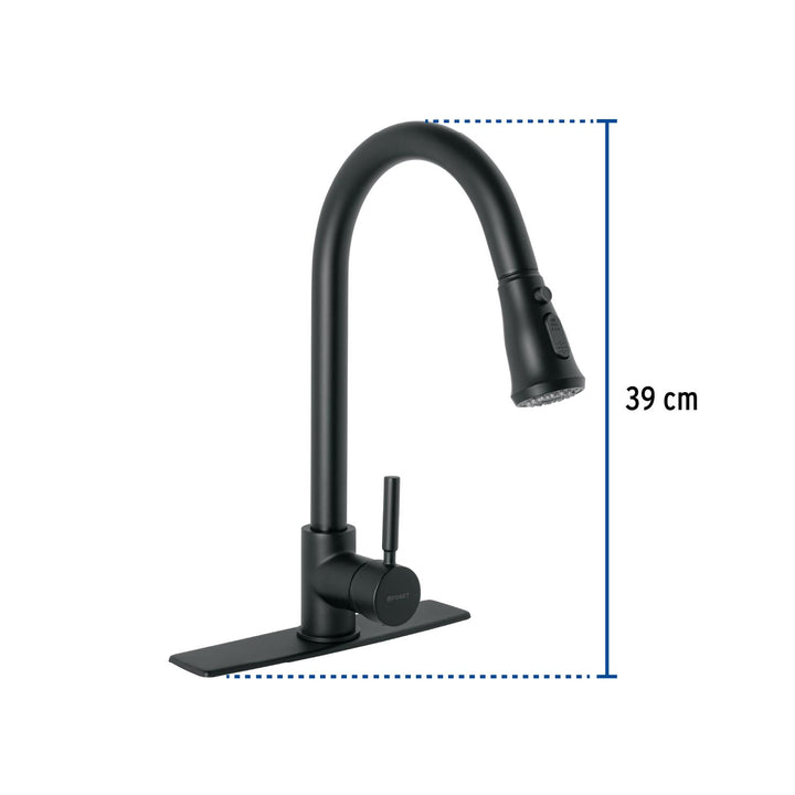 Monomando para fregadero,cuello extraible,negro mate,Tubig - Mundo Tool 