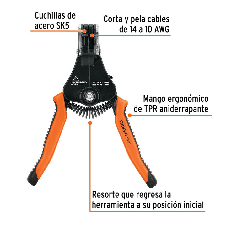 Pinza 6.5' pela cables automática, 14 a 10 AWG, TRUPER - Mundo Tool 
