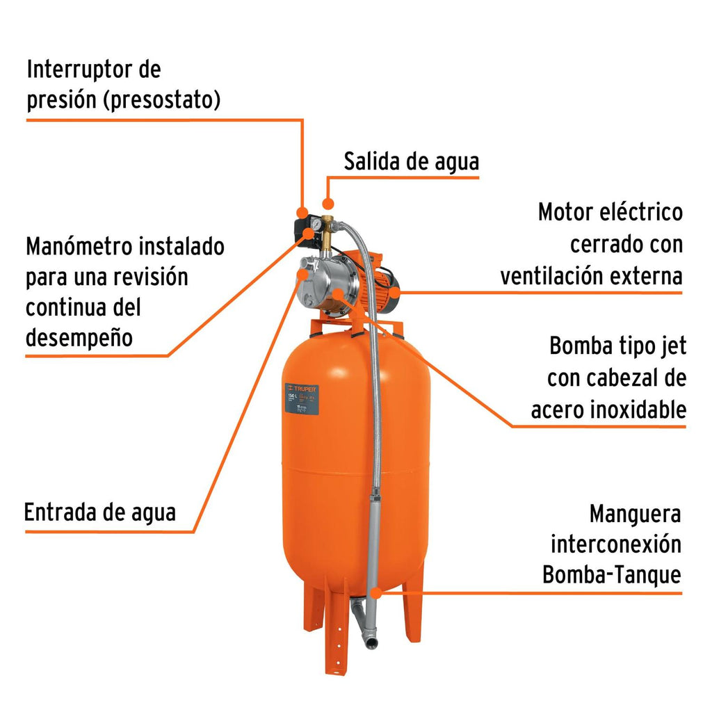 Bomba hidroneumática 1-1/2 HP, 150 litros Truper