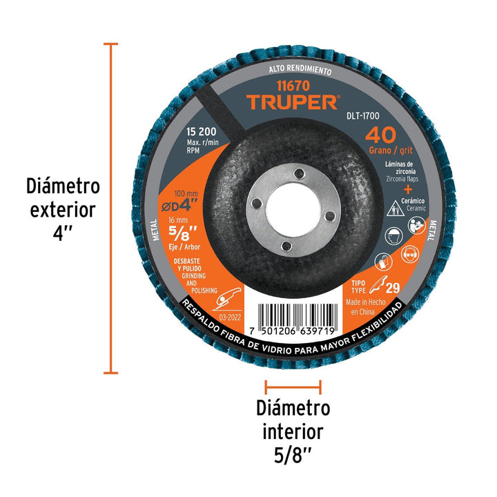 Disco laminado, tipo 29, diámetro 4', grano 40, centro 5/8' Truper - Mundo Tool 