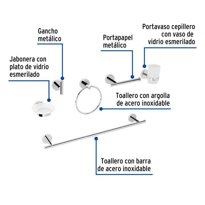 Juego de 6 accesorios para baño acabado cromo, Foset Tubig - Mundo Tool 