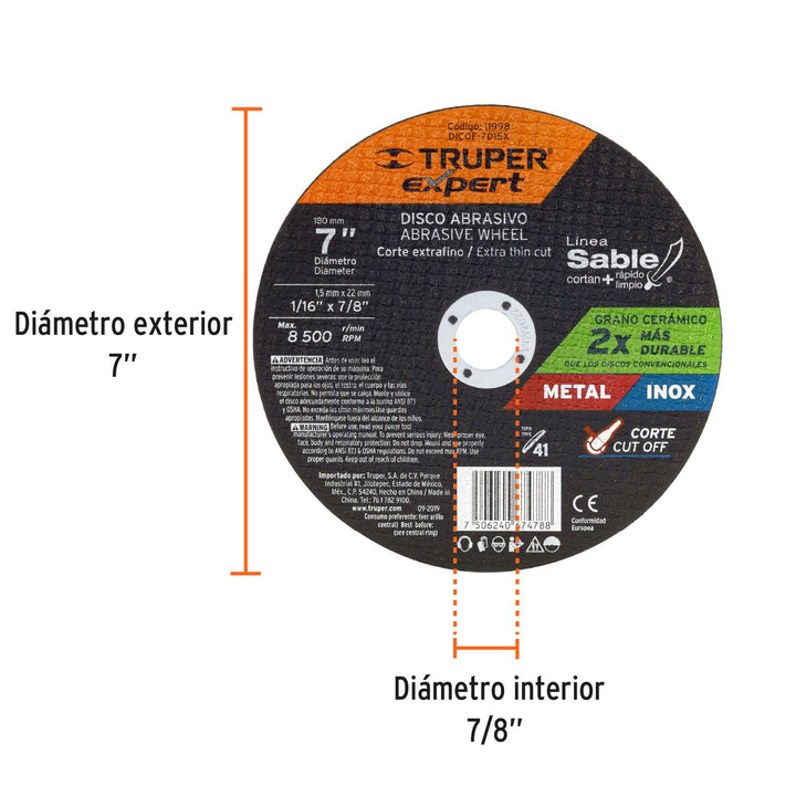 Disco tipo 41, corte fino metal, Línea Sable 7', Expert Expert - Mundo Tool 