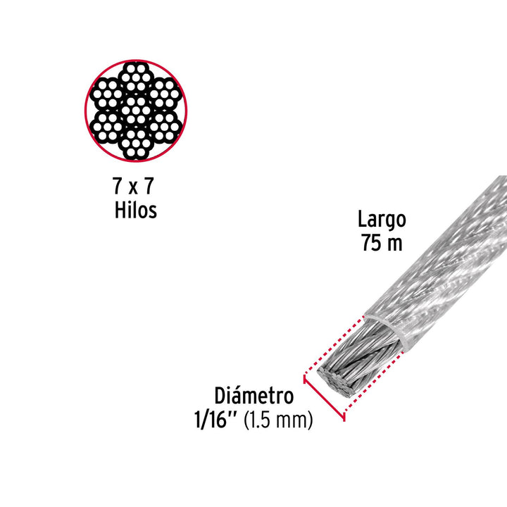 Cable rígido de acero 1/16', recubierto PVC, 7X7, 75 m Fiero - Mundo Tool 