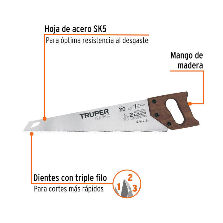 Serrucho Rapid 20', 7 DPP, mango de madera, Truper - Mundo Tool 