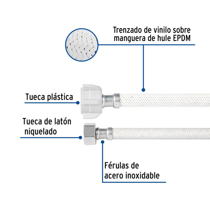 Manguera p/WC vinilo blanco 1/2'x7/8', 50cm, plástico/latón - Mundo Tool 