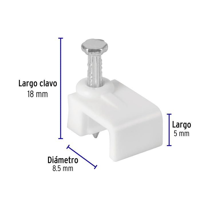 Bolsa con 20 grapas blancas de 5 x 8.5 mm para cable plano - Mundo Tool 