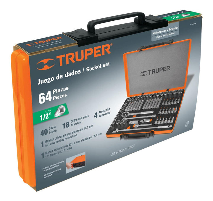 Juego De Dados Cuadro 1/2' 64 Piezas Std Y Mm Truper - Mundo Tool 