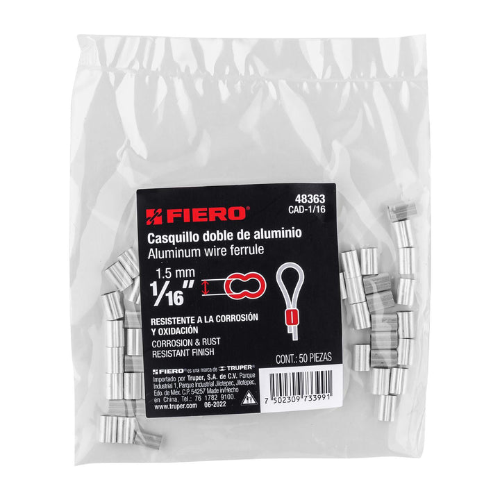 Bolsa con 50 casquillos dobles de aluminio, 1/16", Fiero - Mundo Tool 