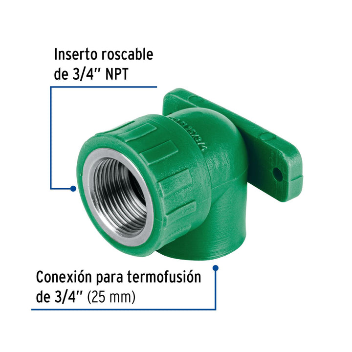 Codo oreja 90° PPR, 3/4', hembra con inserto metálico, Foset - Mundo Tool 