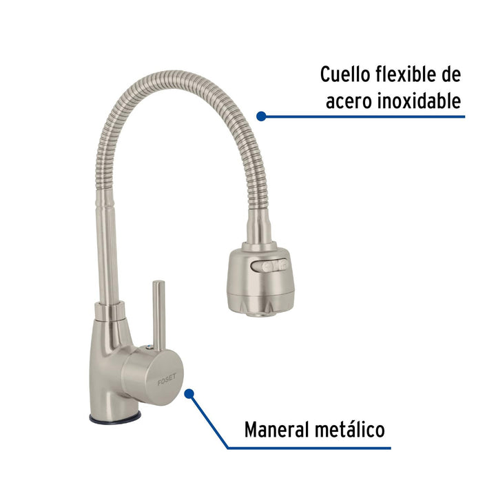 Monomando para fregadero con cuello flexible, satín, Tubig - Mundo Tool 