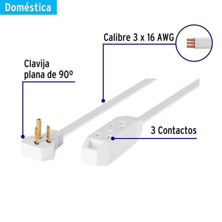 Extensión doméstica aterrizada 6 m blanca con clavija plana - Mundo Tool 