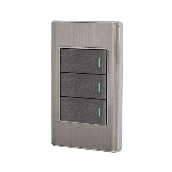 Volteck PA-APTR-ELA, Placa armada 2 interruptores sencillos y 1 interruptor de 3 vías color acero línea Lisboa - Mundo Tool 