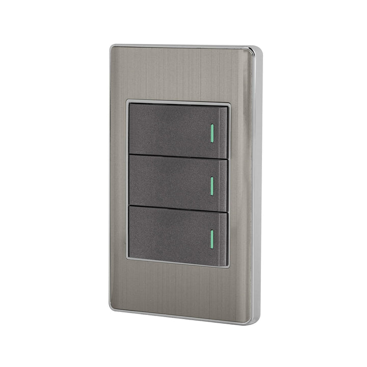 Volteck PA-APTR-ELA, Placa armada 2 interruptores sencillos y 1 interruptor de 3 vías color acero línea Lisboa - Mundo Tool 