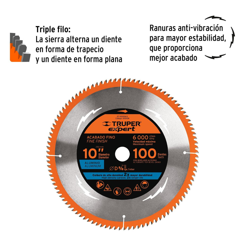 Disco sierra 10" p/aluminio, 100 dientes centro 5/8", Expert - Mundo Tool 