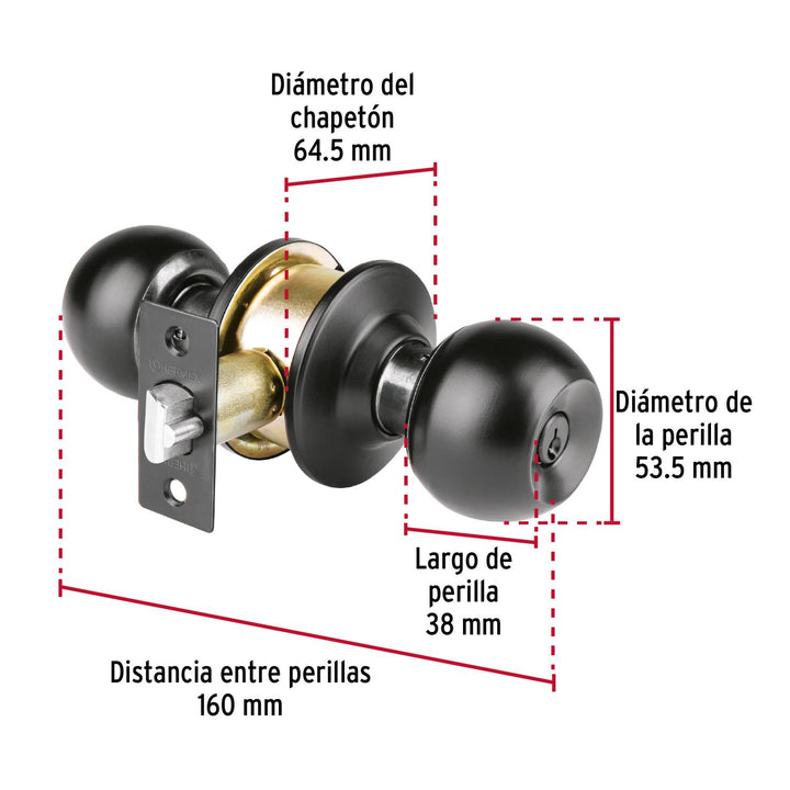 Cerradura esfera tubular, recámara, negro, blíster, Basic - Mundo Tool 