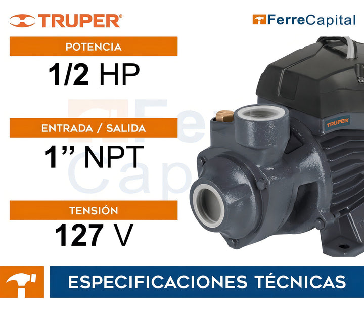 Bomba Eléctrica Periférica Para Agua 1/2 Hp Truper 12111 Color Negro Frecuencia 60 Hz - Mundo Tool 