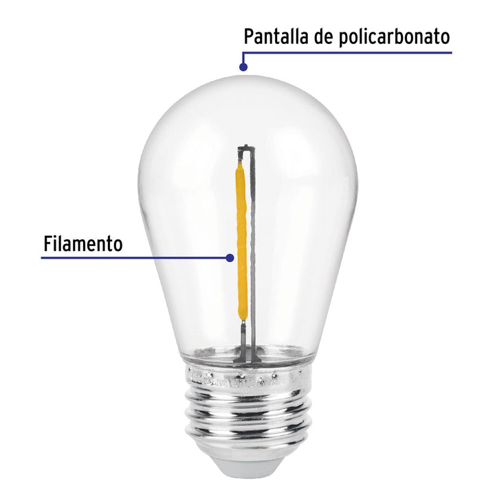 Lámpara LED S14 con filamento 1 W luz cálida, caja, Volteck - Mundo Tool 