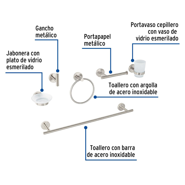 Juego de 6 accesorios para baño acabado satín, Foset Tubig - Mundo Tool 