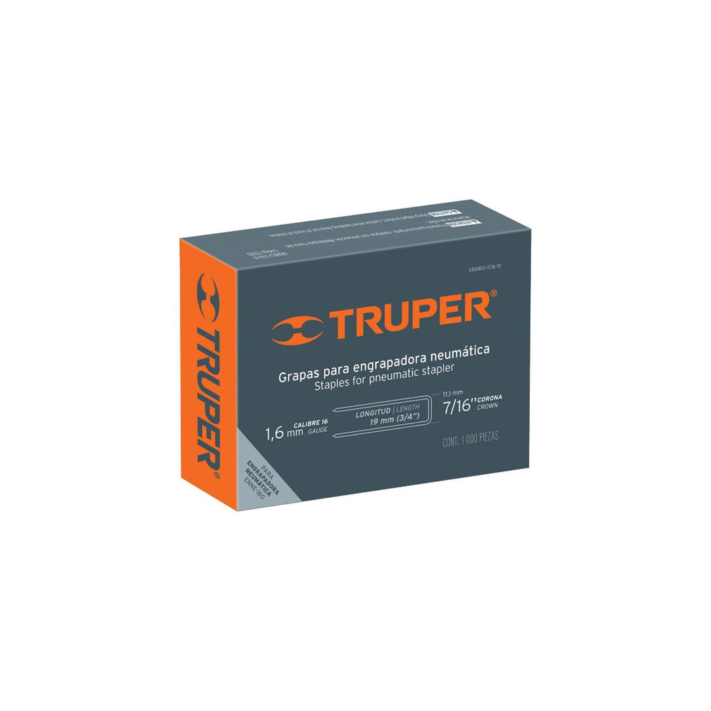 Grapas para engrapadora neumática ENEU-7/16, 19mm, 1,000pzas Truper - Mundo Tool 