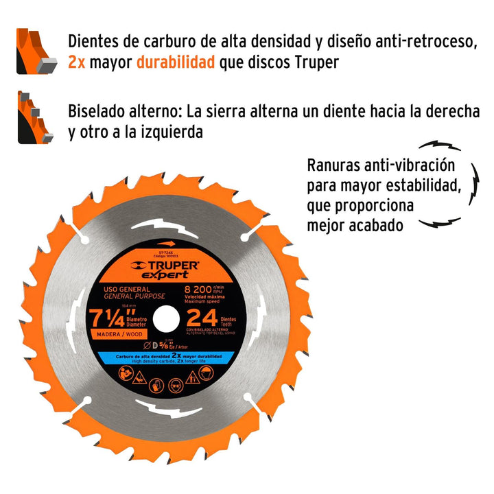 Disco sierra p/madera 7-1/4', 24 d, centro 5/8',Expert Expert - Mundo Tool 