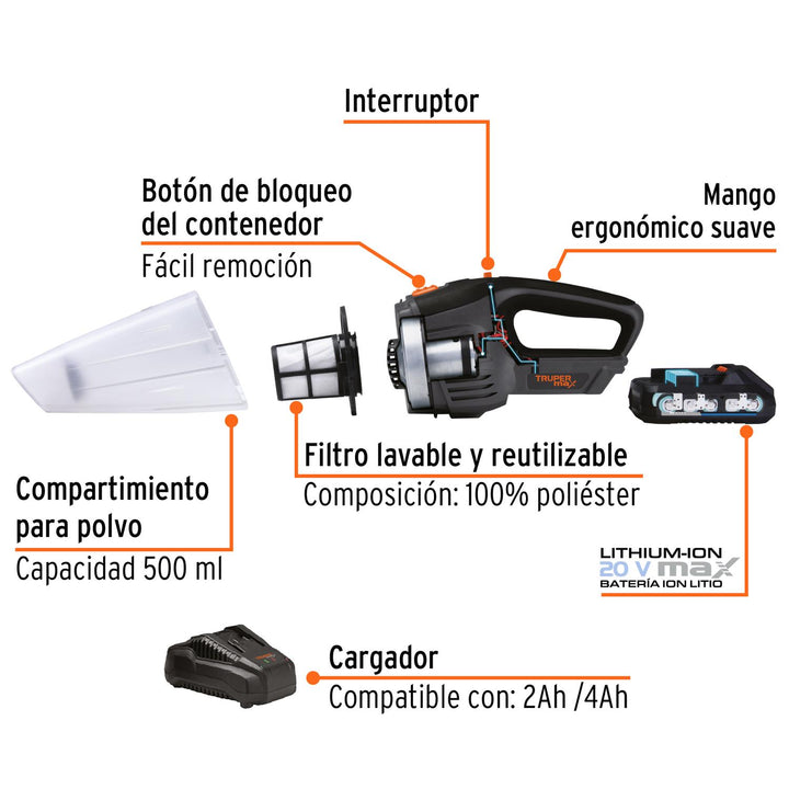 Aspiradora inalámbrica, 20V, Truper MAX - Mundo Tool 