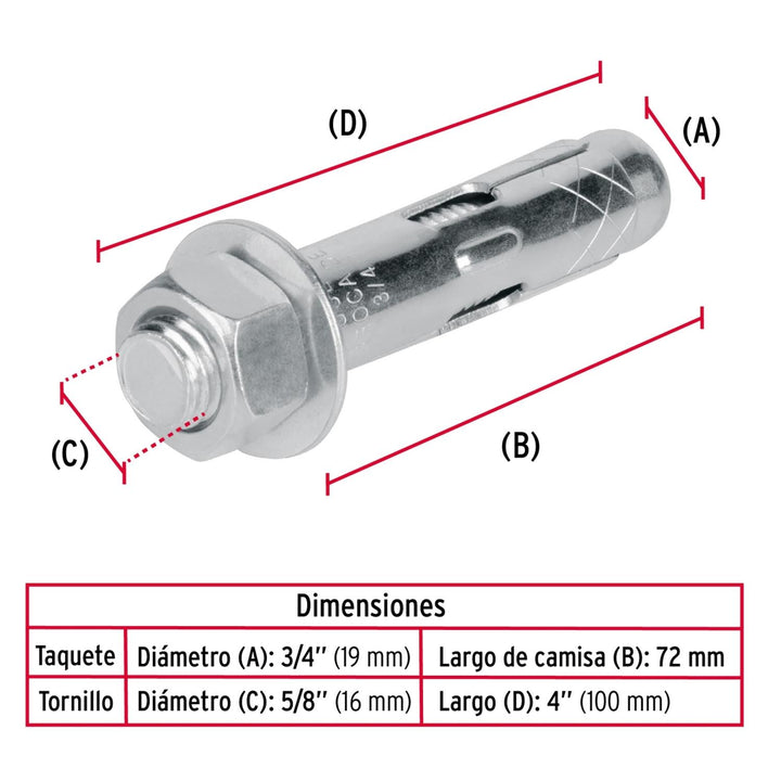 Taquete de expansión, 5/8' con tornillo, bolsa 2 piezas Fiero - Mundo Tool 