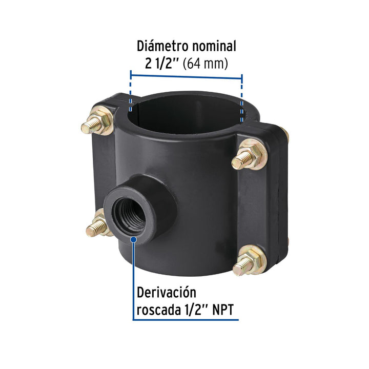 Abrazadera para toma domiciliaria PP 2-1/2' x 1/2', Foset - Mundo Tool 