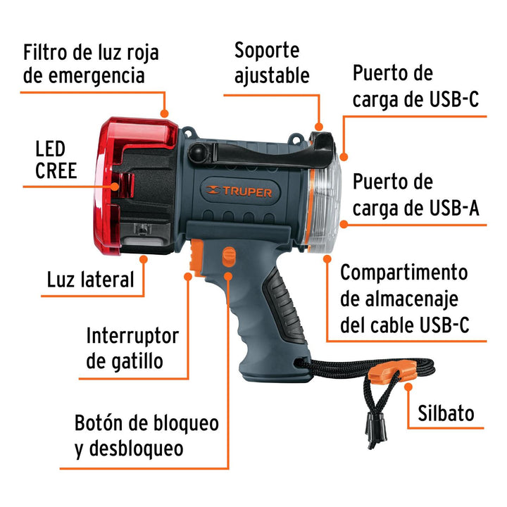 Lámpara de LED 2000 lm recargable alta potencia, Truper - Mundo Tool 