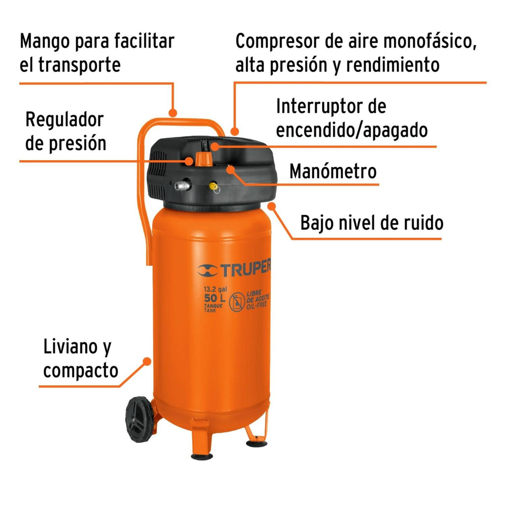 Compresor de aire libre de aceite, 50 L Truper - Mundo Tool 