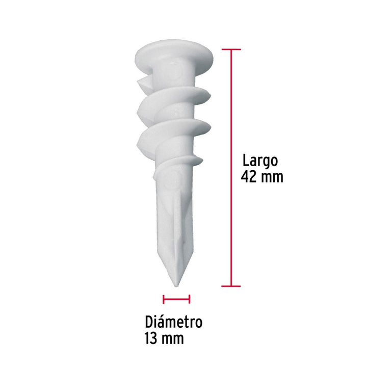 Taquete 1/2', plástico, autotaladrante,p/panel yeso,100 pzas Fiero - Mundo Tool 