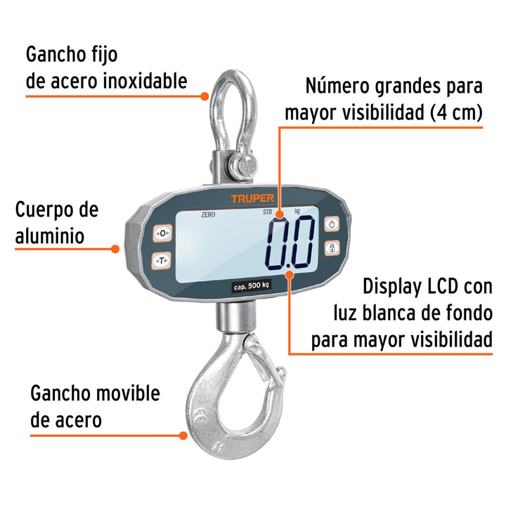 Báscula electrónica colgante, 500 kg, Truper - Mundo Tool 