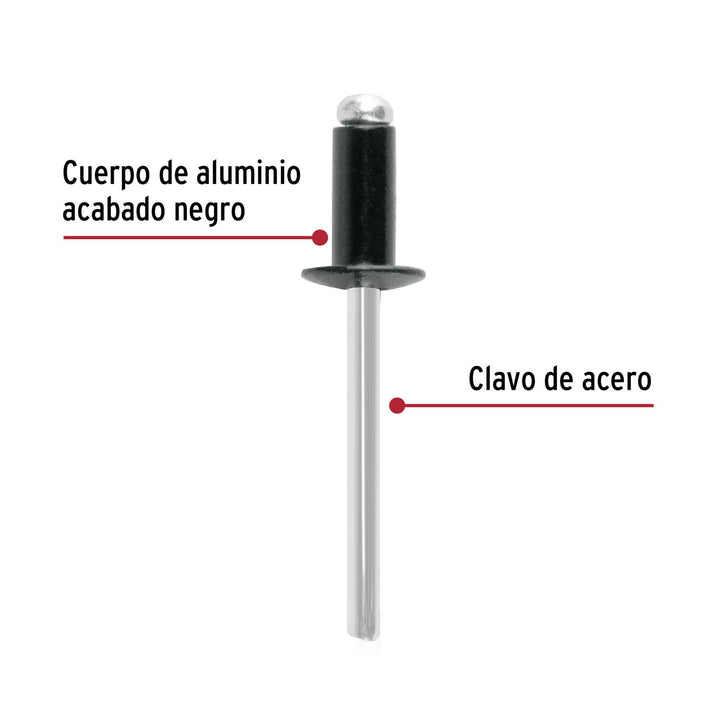 Bolsa c/50 remaches 3/16"x1/4" negros de aluminio, ala 3/8" - Mundo Tool 