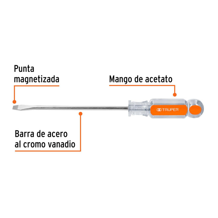 Desarmador plano 1/4x6" mango de acetato Truper - Mundo Tool 