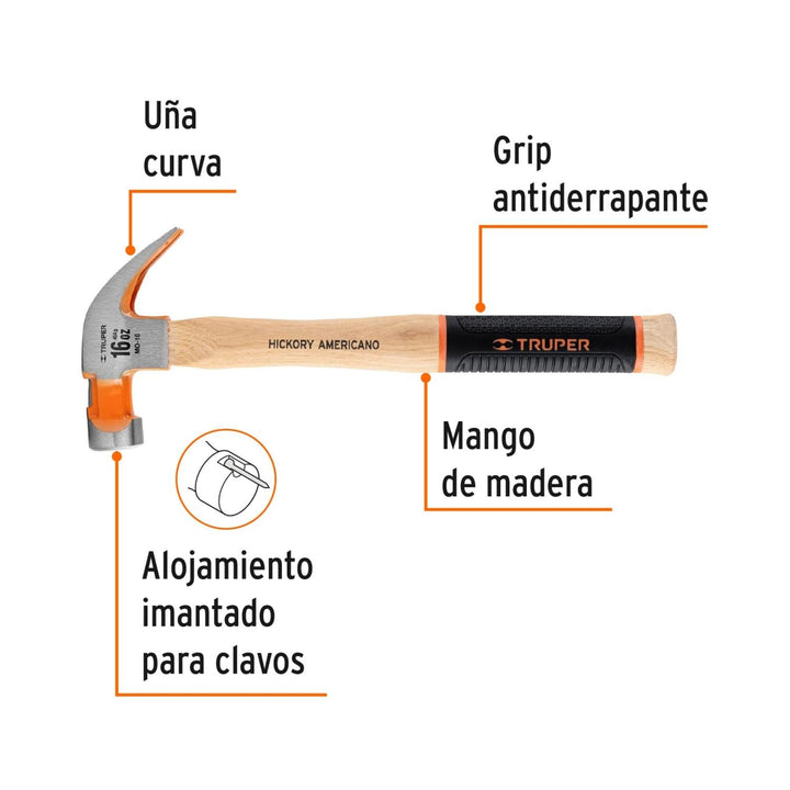 Martillo Pulido Uña Curva 16 Oz Mango De Hick Truper - Mundo Tool 