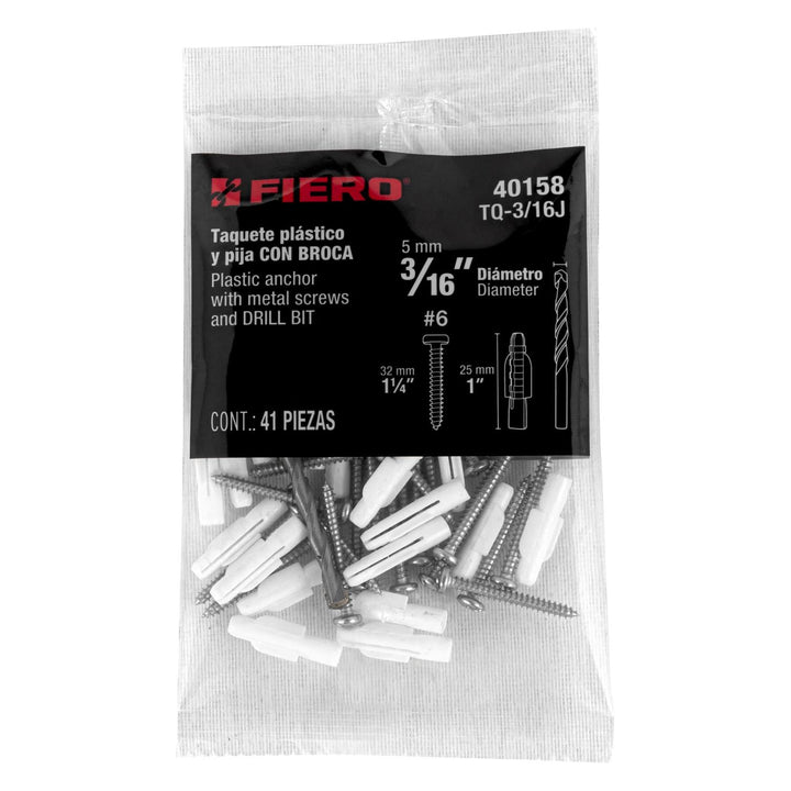 Kit de 20 taquetes 3/16' con pijas #6 y 1 broca 3/16', Fiero - Mundo Tool 