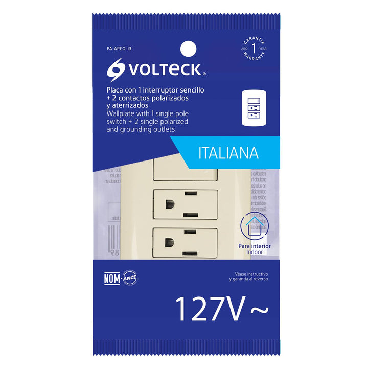 Placa armada 2 contactos e interruptor,marfil,línea Italiana Volteck - Mundo Tool 