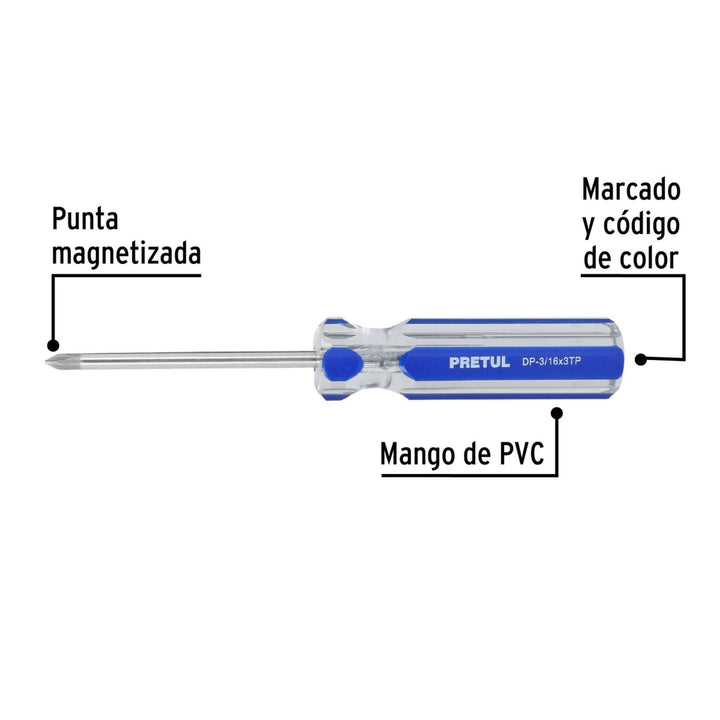 Desarmador punta Phillips 3/16 x 3" mango PVC Pretul - Mundo Tool 