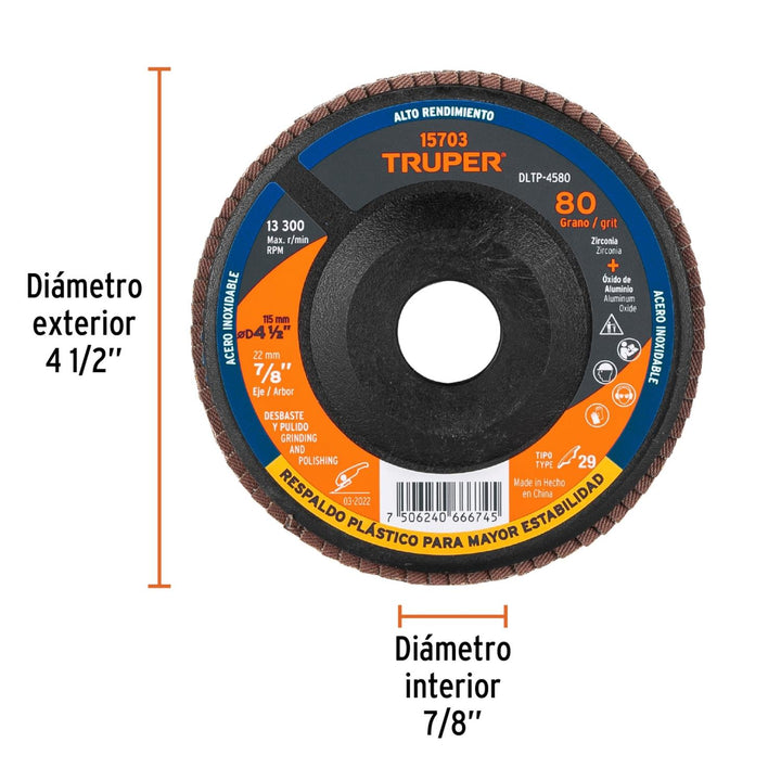 Disco Laminado 4-1/2 Barreno 7/8 Grano 80 Truper - Mundo Tool 