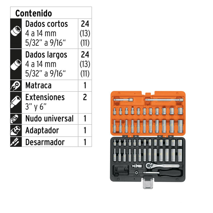 Juego de 54 herramientas cuadro 1/4" std y mm para mecánico - Mundo Tool 