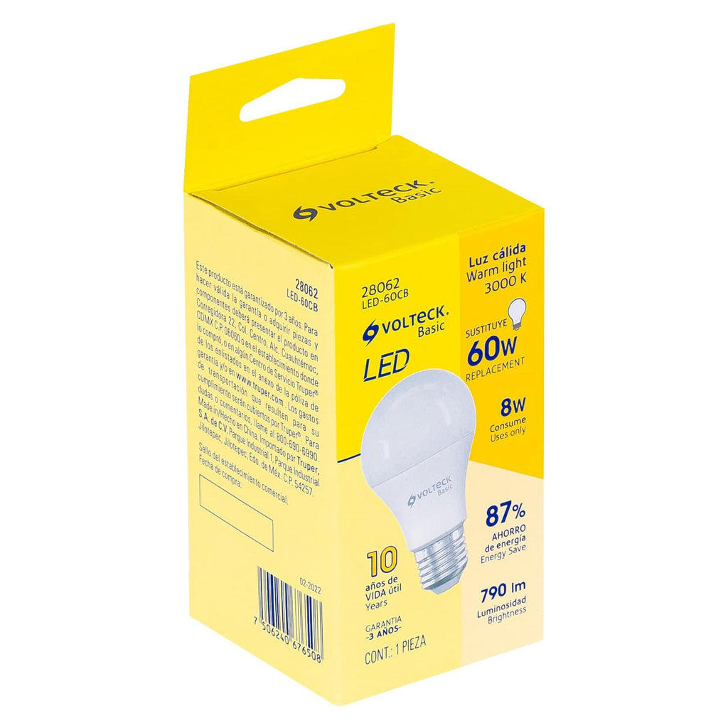 Lámpara de LED tipo bulbo A19 8 W, luz cálida, caja, Basic - Mundo Tool 